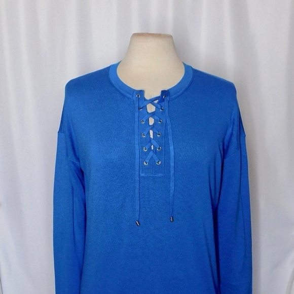 SAKS FIFTH AVENUE Blue Lace Up Silk Cashmere Pullover Sweater Solid Medium - Picture 3 of 10